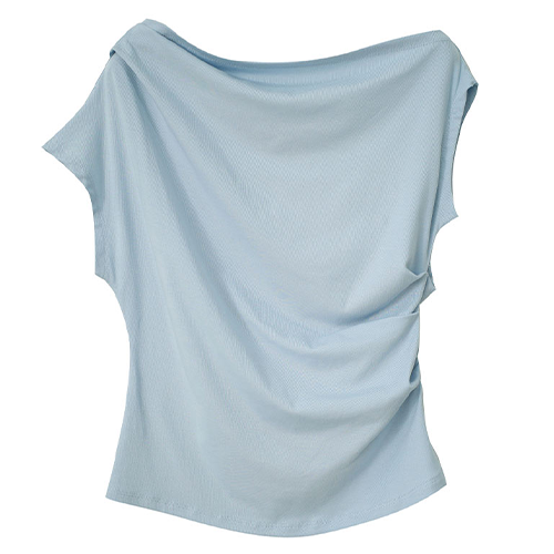 附皮帶斜肩皺褶彈性上衣*4色