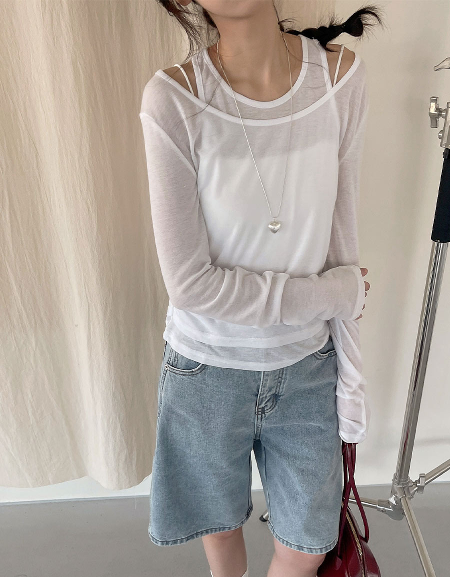 假兩件側抽皺長袖上衣*3色