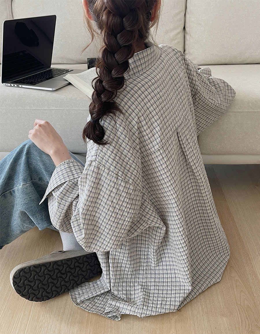 壓皺休閒格紋襯衫*2色