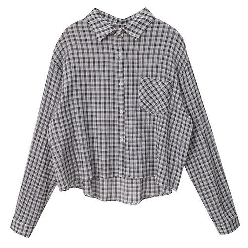 壓皺格紋短版襯衫*2色