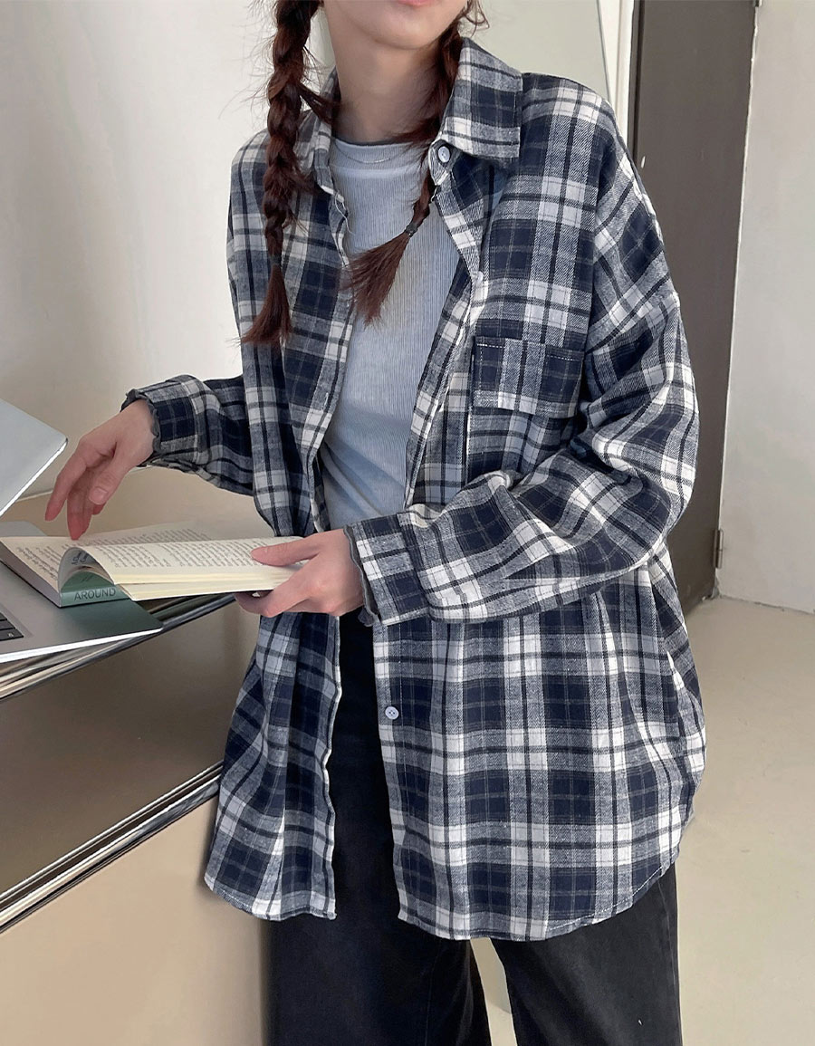 細絨感寬鬆口袋格紋襯衫*2色