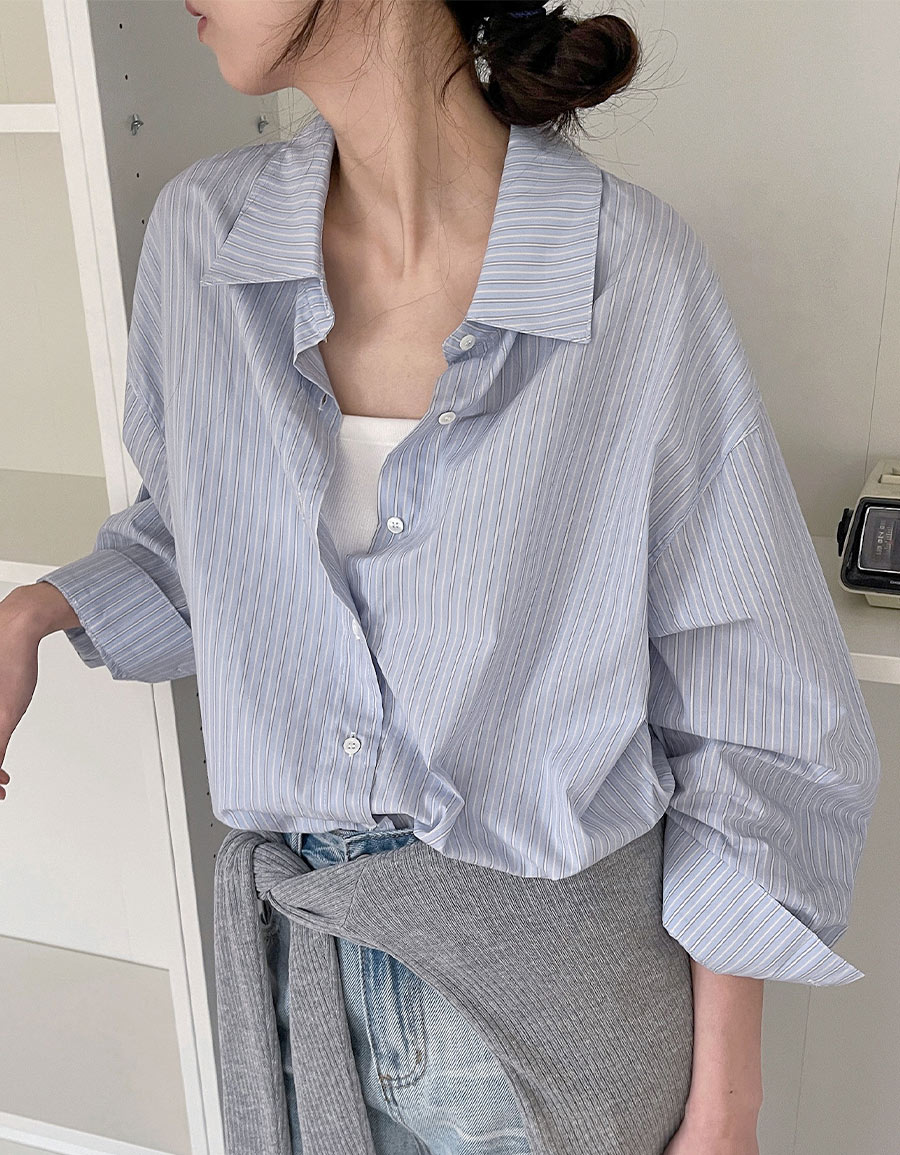 休閒寬鬆細條紋襯衫*2色