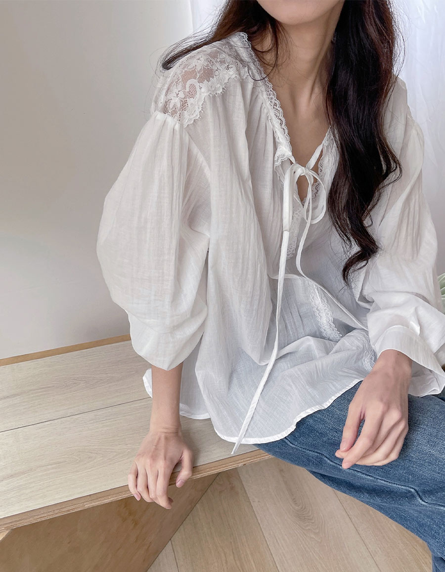 蕾絲綁帶棉麻襯衫*1色