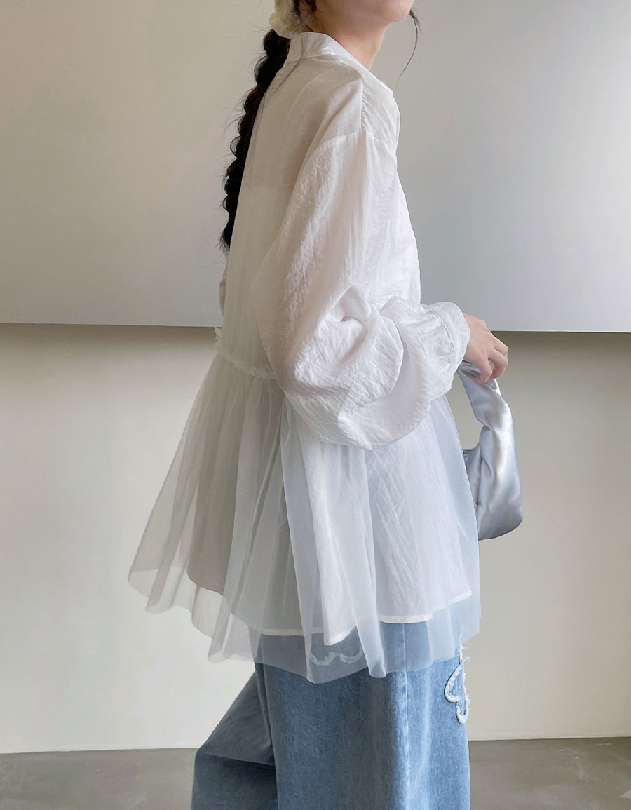 下襬網紗造型無領襯衫*2色