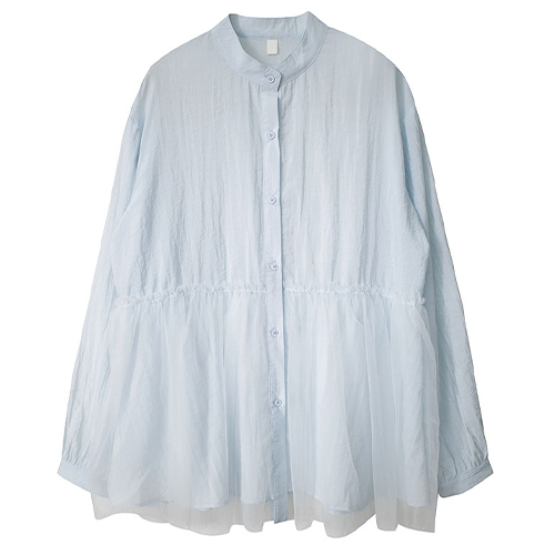 下襬網紗造型無領襯衫*2色