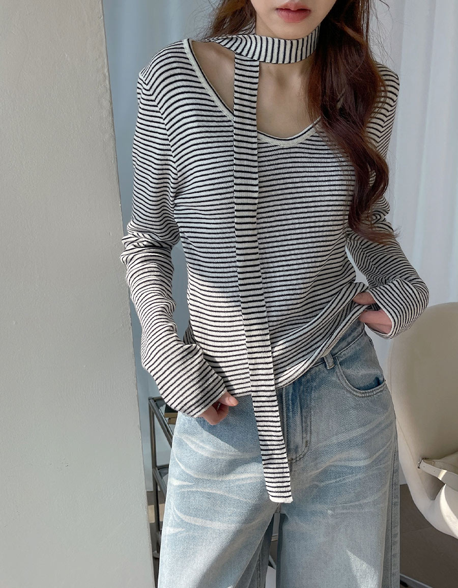 飄帶V領條紋針織上衣*2色
