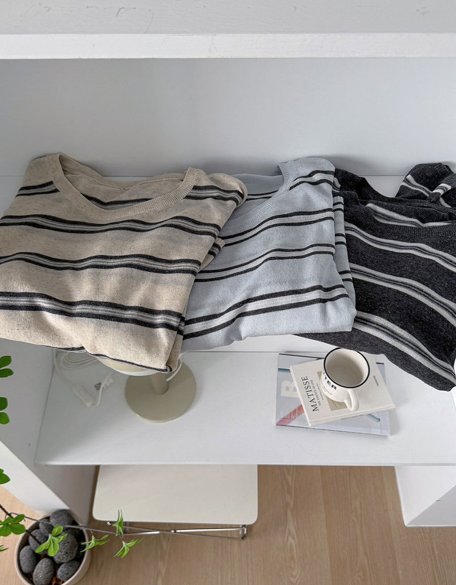 條紋圓領薄針織上衣*3色