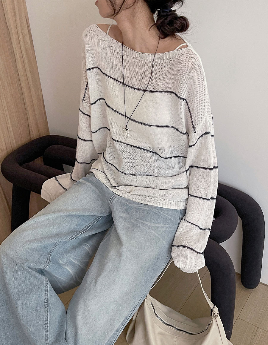 寬領細條紋針織上衣*2色
