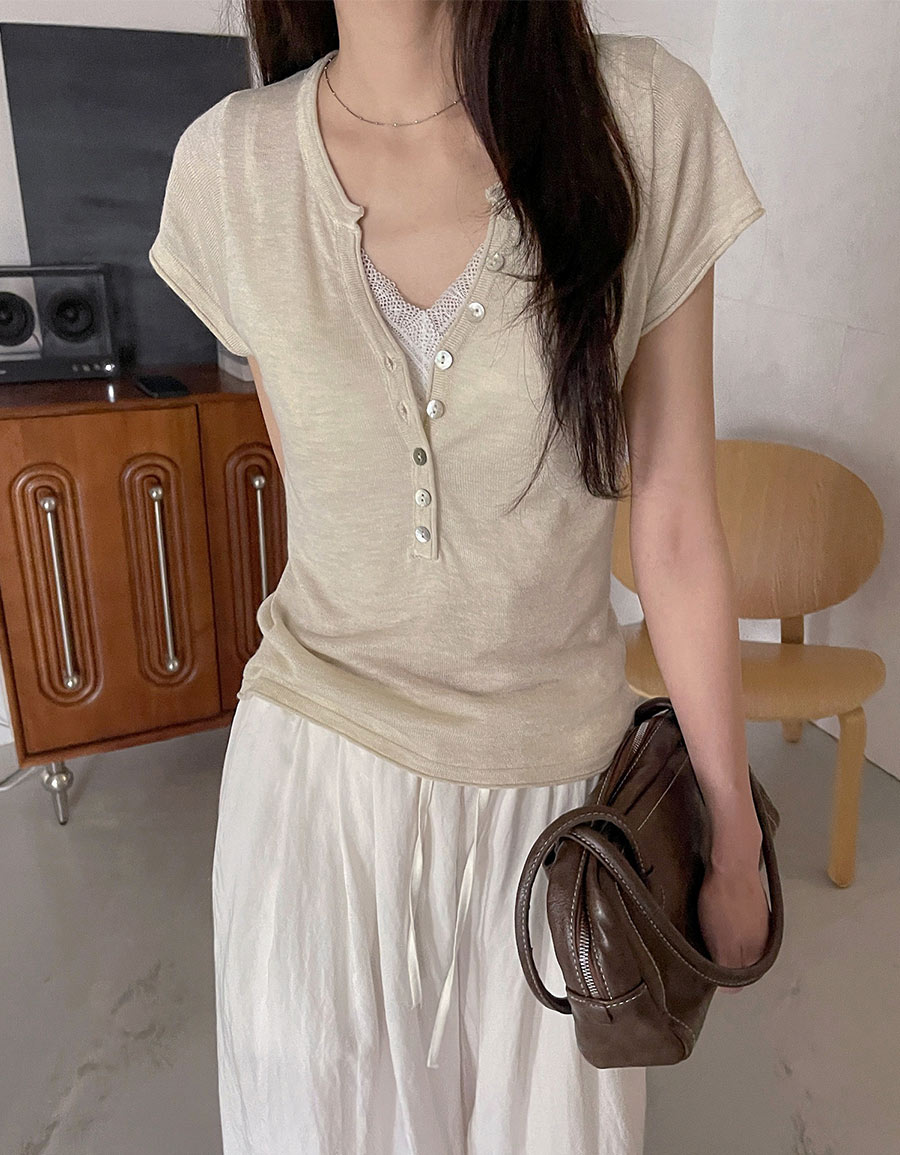 開襟排釦捲邊短袖針織上衣*4色