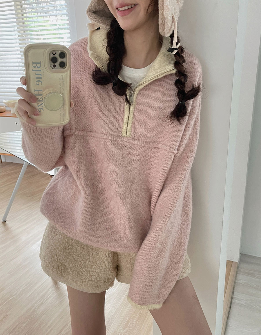 撞色滾邊拉鍊翻領毛衣*3色