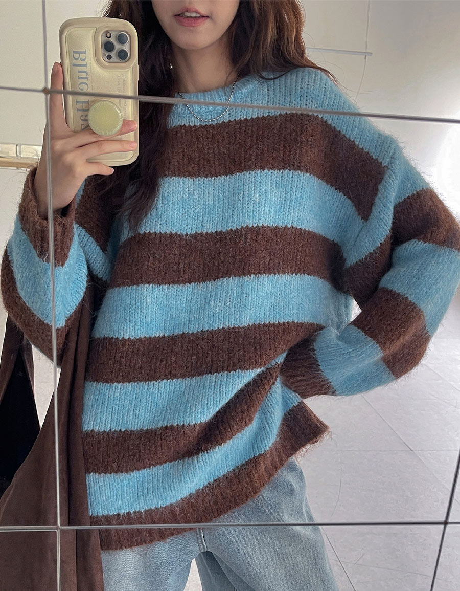 撞色寬條紋圓領毛衣*3色