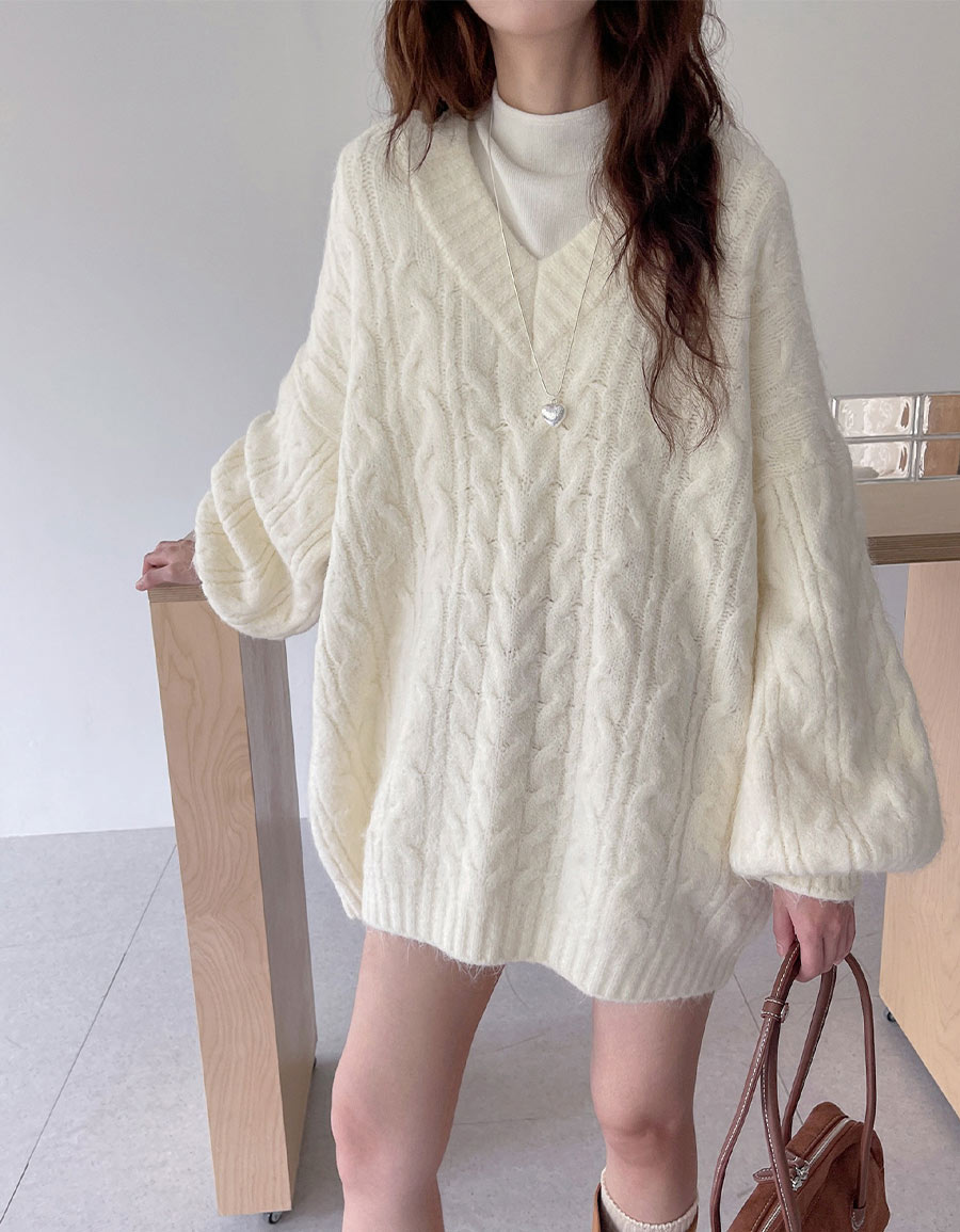 厚蓬鬆麻花V領寬大毛衣*3色