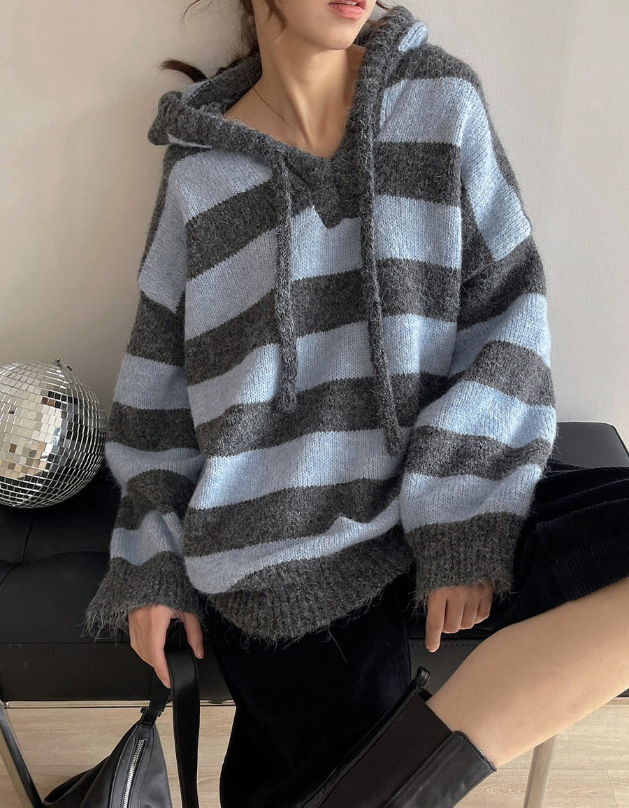 寬條紋抽繩連帽毛衣*3色