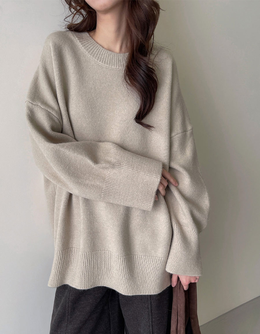 羅紋圓領側開衩寬袖毛衣*5色