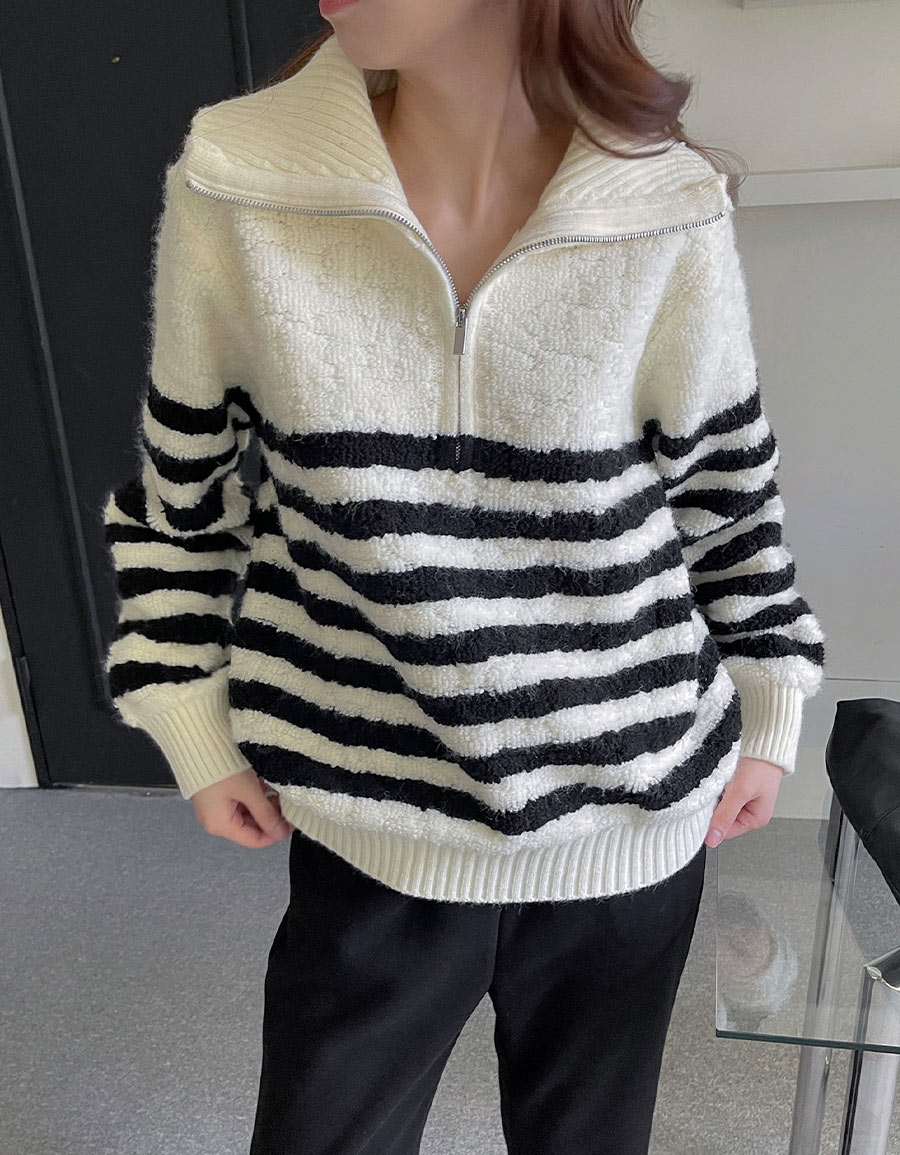 QQ毛條紋拉鍊開襟毛衣*2色