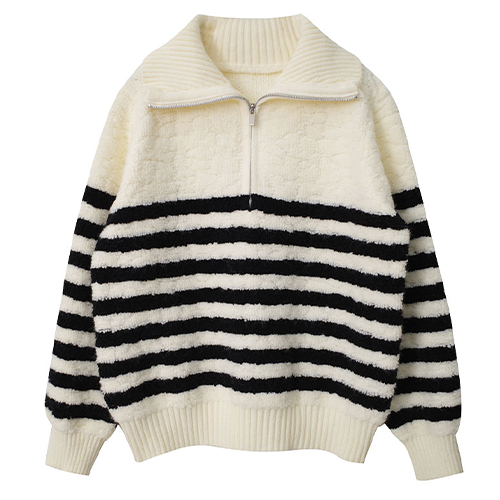 QQ毛條紋拉鍊開襟毛衣*2色