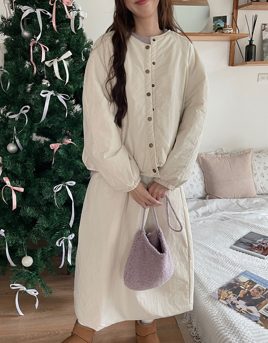 無領壓釦鋪棉外套長裙套裝*3色