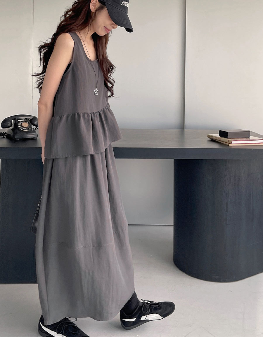 後排釦背心氣球長裙套裝*3色