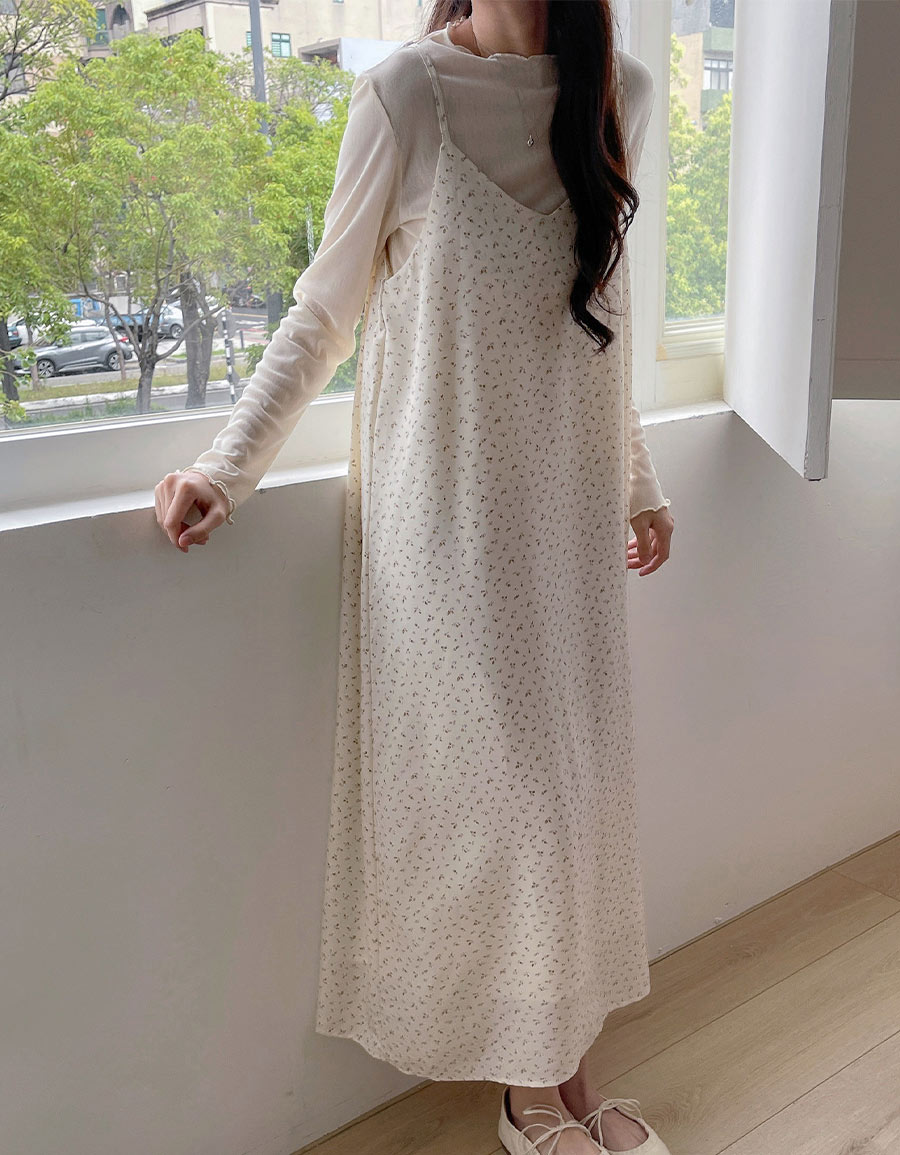 V領細肩帶碎花長洋*2色