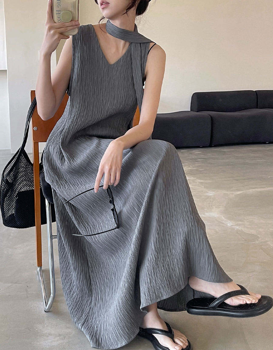 皺皺感V領飄帶長洋*4色