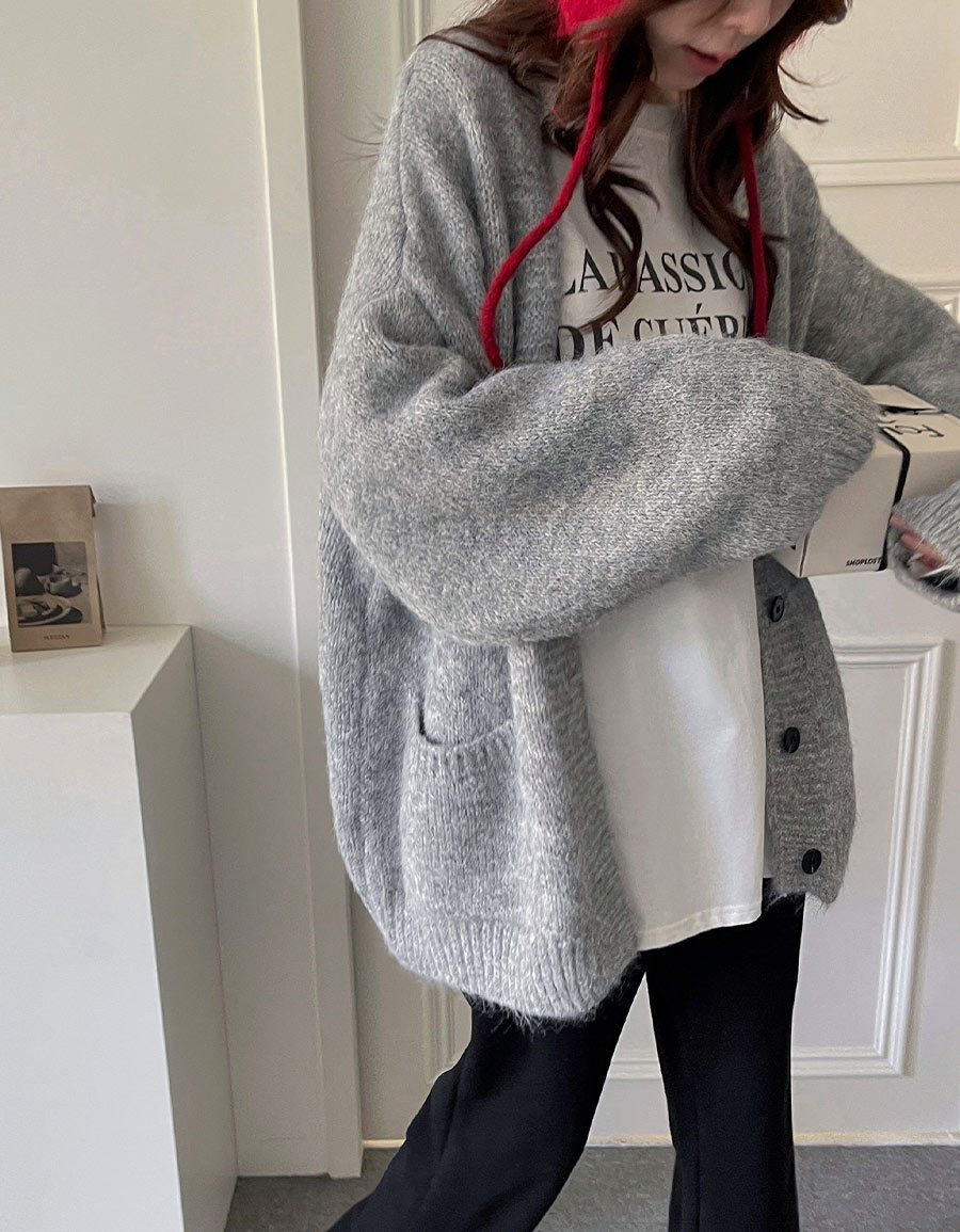 毛絨感口袋V領毛衣外套*5色