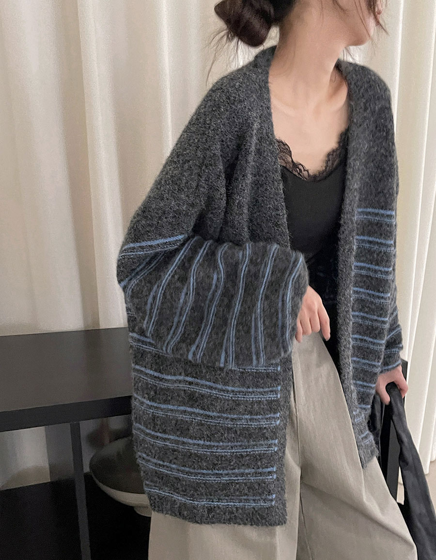 澎袖條紋開襟毛衣外套*3色