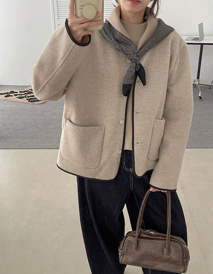附絲巾滾邊毛呢外套*2色