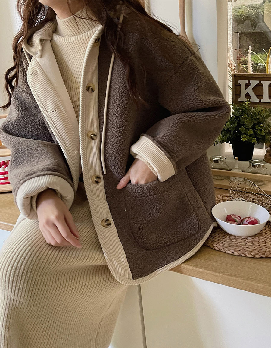 羊羔毛燈芯絨拼接連帽外套*2色