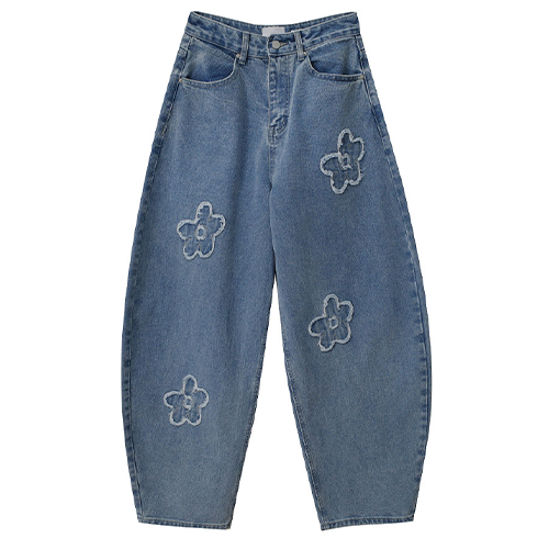 刺繡花朵繭型牛仔落地寬褲*1色