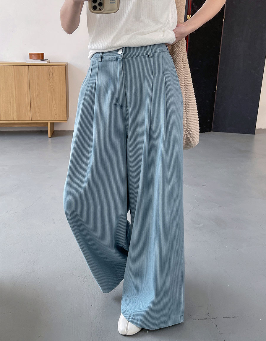 後鬆緊直紋牛仔寬褲*2色