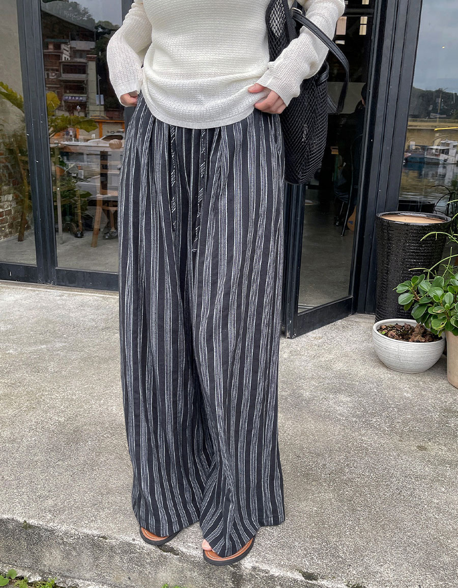 腰鬆緊綁帶直紋棉麻寬褲*2色