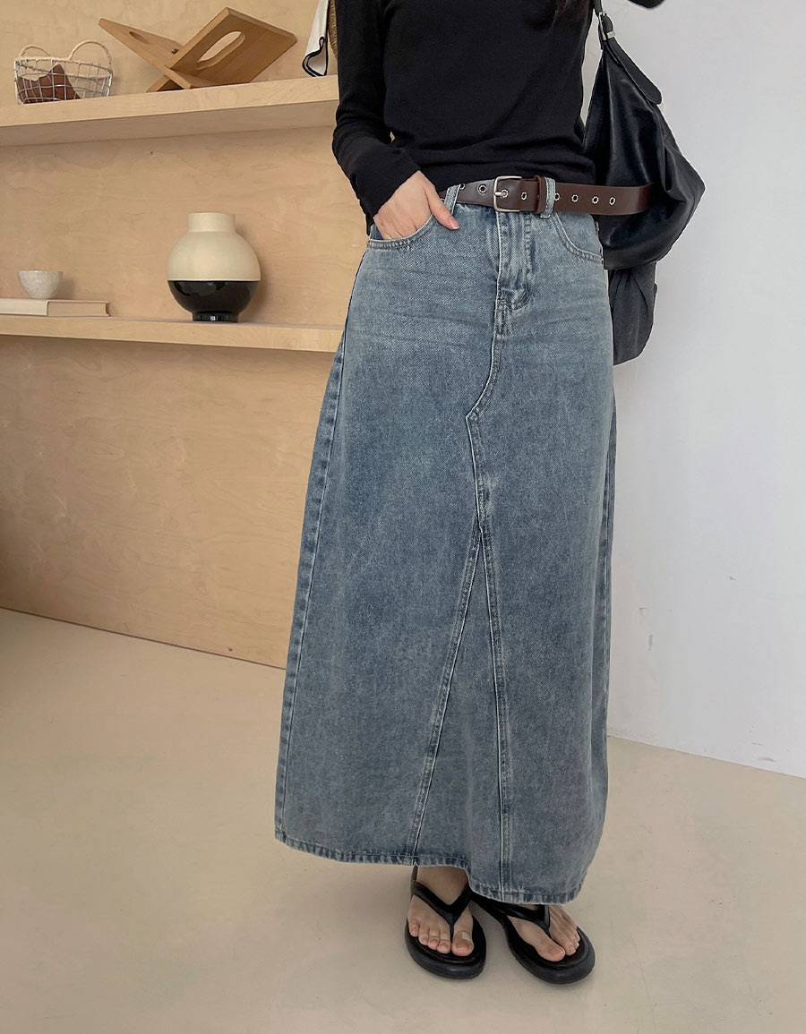 附皮帶後開衩水洗牛仔長裙*1色