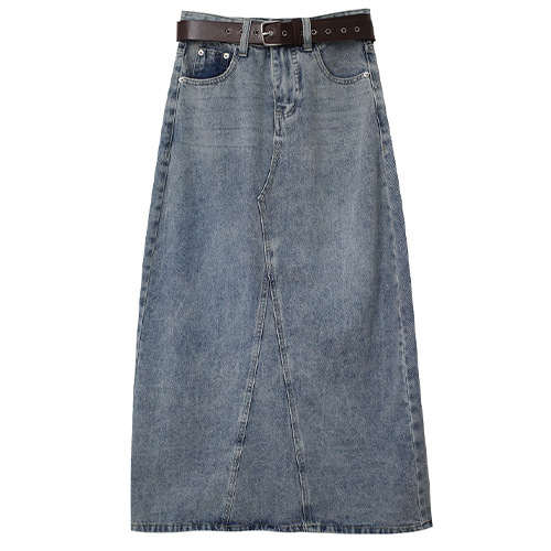 附皮帶後開衩水洗牛仔長裙*1色