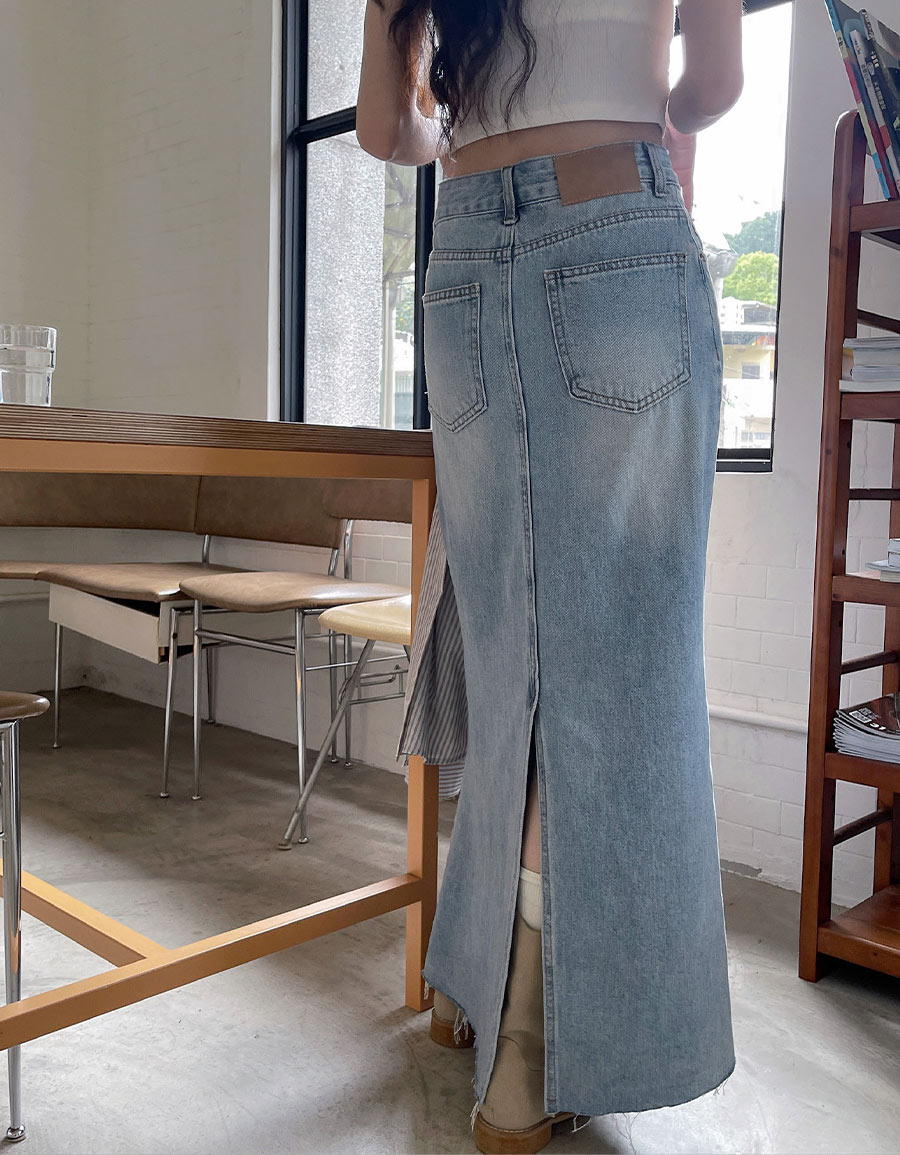 下抽鬚後開衩魚尾牛仔長裙*1色